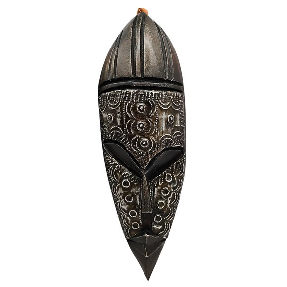 Hand Carved African Tribal Wall Mask Ethnic Decor Intricate Patterns Hang Loop - Picture 1 of 7